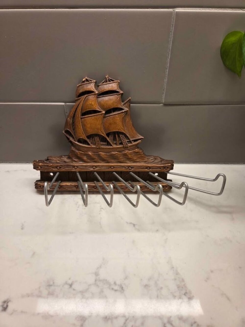 Vintage wood ship tie holder, belts, etc. From 1960s